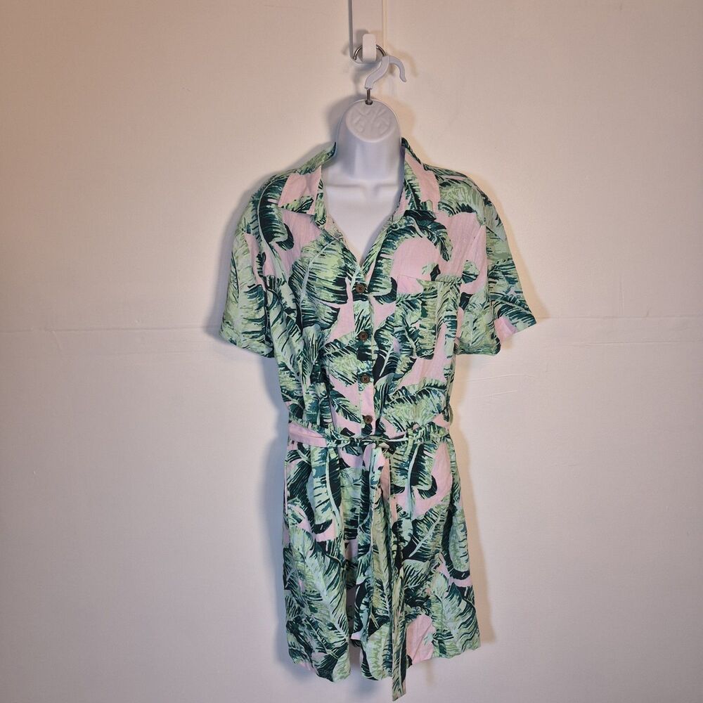 Margaritaville Womens Island Reserve Romper Size XL Palm Print Pink Green Belted